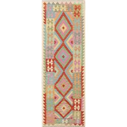 A WOVEN HAND KNOTTED KAZAK KILIM RUNNER.