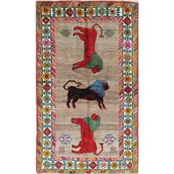 A WOOL HAND KNOTTED PICTORIAL AREA RUG.