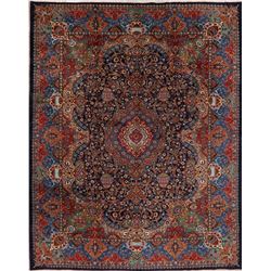A WOOL HAND KNOTTED KASHMAR ORIENTAL AREA RUG.