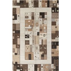 A WOOL HAND KNOTTED PICTORIAL AREA RUG.