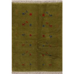 A WOOL HAND KNOTTED GABBEH ORIENTAL AREA RUG.