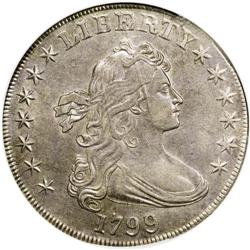 1799 S$1 AU58 NGC. B-17, BB-164, R.2. A slender die cr 