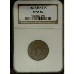 1873 2C Open 3 PR58 NGC. This walnut-brown example has 