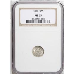 1851 3CS MS65 NGC. The lustrous surfaces of this Gem a 