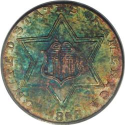 1858 3CS MS65 PCGS. This Gem exhibits a virtual kaleid 