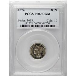 1874 3CN PR66 Cameo PCGS. Moderately reflective with p 