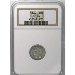 1876 3CN PR65 NGC. Pastel blue and gold patina covers 