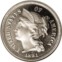 1881 3CN PR68 Cameo NGC. The 1881 business strike thre 