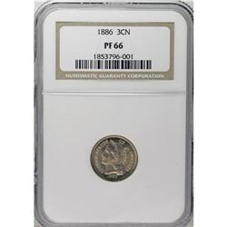 1886 3CN PR66 NGC. Pretty orange-gold patina saturates 
