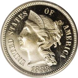 1888 3CN PR67 Deep Cameo PCGS. Light mottled tan-gold 