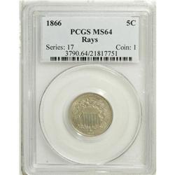1866 5C Rays MS64 PCGS. Soft peach and rose patina cov 