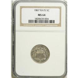 1867 5C Rays MS64 NGC. Choice and lustrous. The silver 