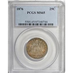 1876 25C MS65 PCGS. Interlaced pumpkin-orange, russet, 