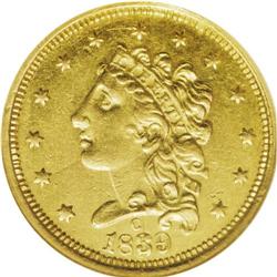 1839-C $2 1/2 AU58 NGC. Recut 39. Winter 3-C, McCloske 