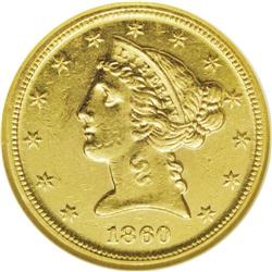1860-D $5 Medium D MS60 NGC. Variety 38-FF. This is th 