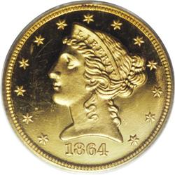 1864 $5 PR64 Deep Cameo PCGS. The 1864 proof five has 
