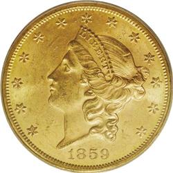 1859-S $20 MS62 PCGS. Like most of the early San Franc 