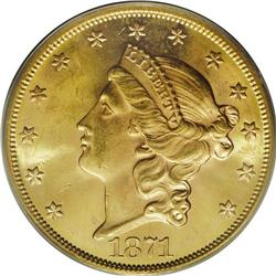 1871 $20 MS63 PCGS. Booming luster sweeps this sharply 