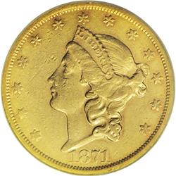 1871-CC $20 XF45 PCGS. Attractive yellow-gold surfaces 