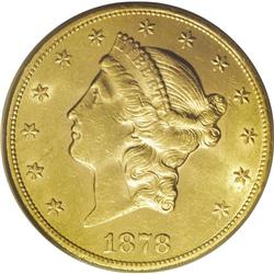1878-CC $20 AU58 PCGS. Variety 1-A. The 1878-CC twenty 