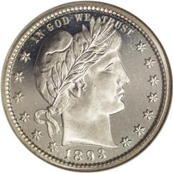 1893 25C PR67 Cameo NGC. Thick frost dominates the dev 