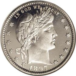 1897 25C PR66 Cameo NGC. A largely untoned Premium Gem 