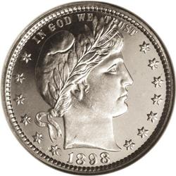 1898 25C PR67 Cameo NGC. Subtle gold toning graces the 