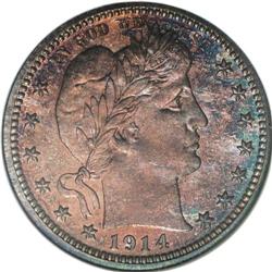 1914 25C PR67 NGC. Orange-gold and rose-red centers ar 