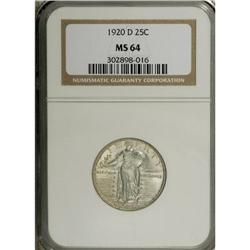 1920-D 25C MS64 NGC. Sharply struck design elements di 