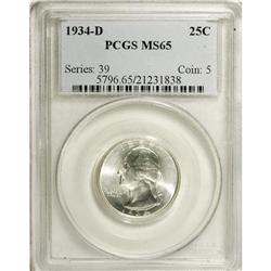 1934-D 25C MS65 PCGS. Rich silver-gray and yellow-gree 