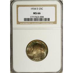 1934-D 25C Heavy Motto MS66 NGC. Violet-blue hues radi 