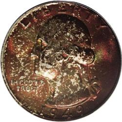 1949 25C MS67 PCGS. Dappled mauve, crimson, and lime-g 