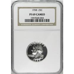 1958 25C PR69 Cameo NGC. A delicately frosted piece th 
