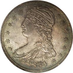 1839 50C MS64 NGC. Powder-blue, rose, and apple-green 