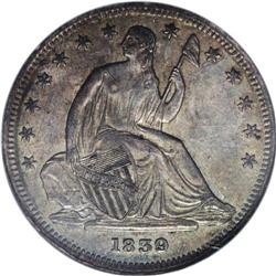 1839 50C No Drapery AU58 NGC. The 1839 is a much scarc 