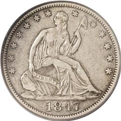 1847/6 50C VF35 PCGS. FS-004, WB-102. The bottom curve 