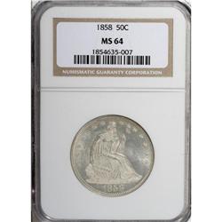1858 50C MS64 NGC. The lightly frosted devices have ex 