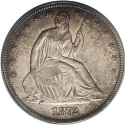 1872-CC 50C AU53 PCGS. Carson City minor silver has ma 