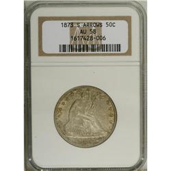1873-S 50C Arrows AU58 NGC. Gray-gold and blue with sm 