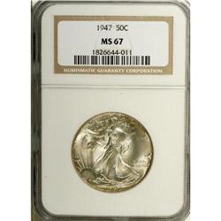 1947 50C MS67 NGC. Amber and auburn-gold patina graces 
