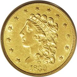 1839-O $2 1/2 AU58 PCGS. High Date, Wide Fraction. Bre 