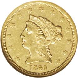 1840 $2 1/2 AU58 NGC. A smooth light yellow-gold examp 