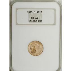 1925-D $2 1/2 MS64 NGC. This wheat-gold near-Gem has a 