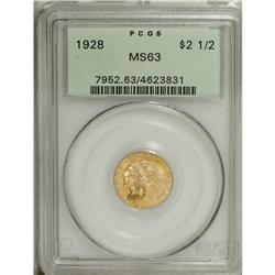 1928 $2 1/2 MS63 PCGS. Bright yellow-gold surfaces yie 