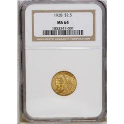 1928 $2 1/2 MS64 NGC. Peach-gold patina displays tints 