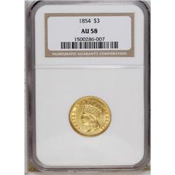 1854 $3 AU58 NGC. A hint of highpoint friction bars th 