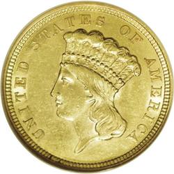 1854 $3 AU58 NGC. This first-year issue was saved in q 