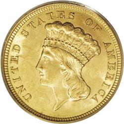 1854 $3 MS62 PCGS. The yellow-gold surfaces have fresh 