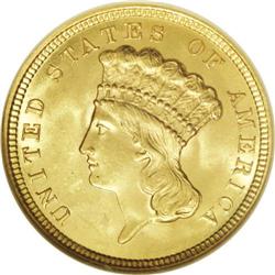 1854 $3 MS64 NGC. Sharply struck and fully lustrous wi 