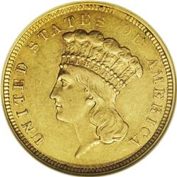 1854-O $3 AU55 NGC. This lightly circulated and origin 